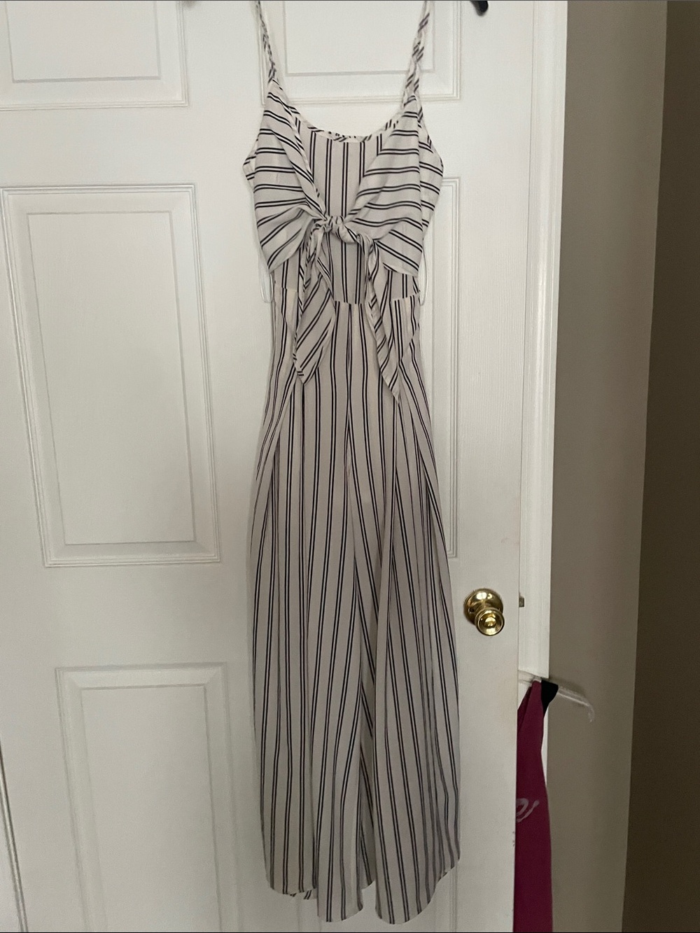 Striped Wide-Leg Jumpsuit with Front Tie - Cream/Black